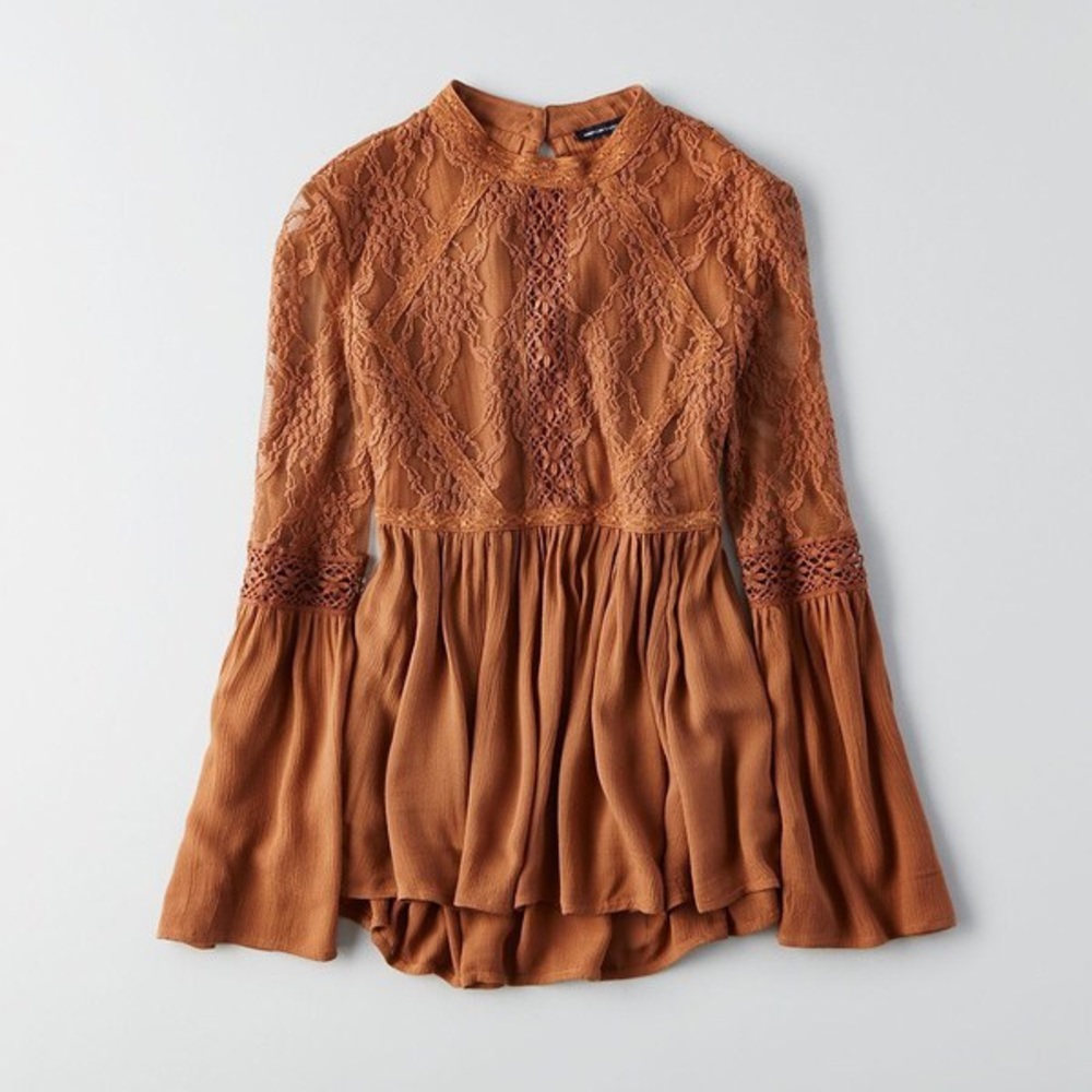 Hi-Neck Mesh Lace Top - Flare sleeves